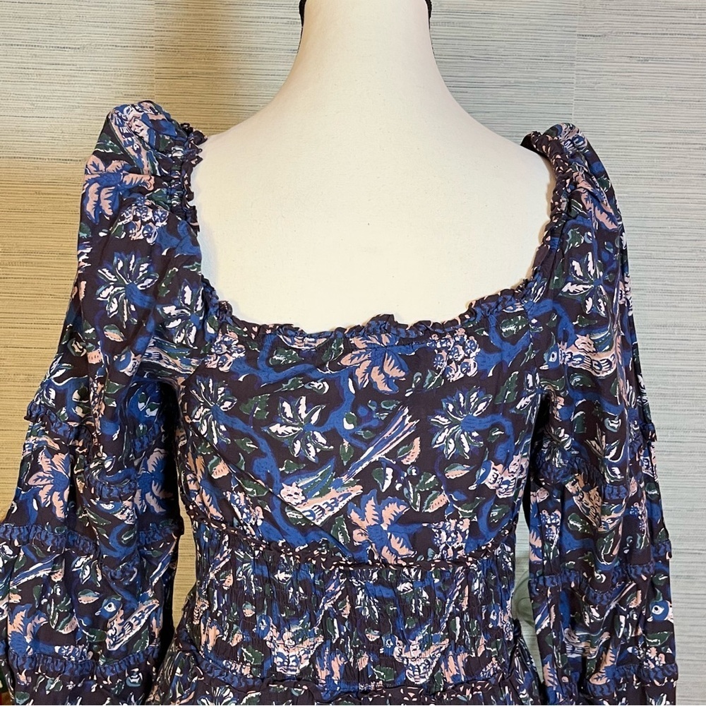 Sea New York Noah Floral Bird Print Smocked Long Sleeve Midi Dress Sz 4 Cotton - Picture 7 of 9